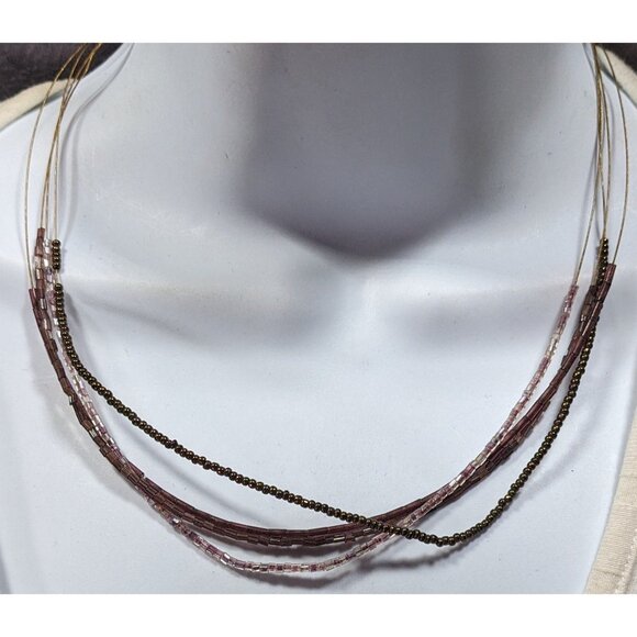 Simple Layered Brown And Purple Glass Beaded Necklace - Picture 1 of 6